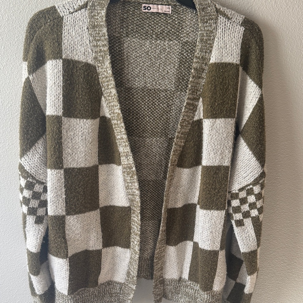 SO Women's Olive Green and White Checkered Cardigan